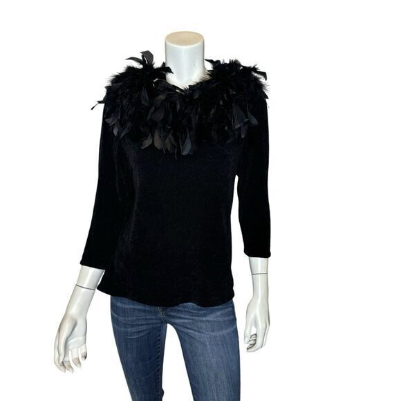 VINTAGE Y2K Feather‎ Embellished Sweater Women’s Petite M Black Dressy Witchy - Picture 3 of 6